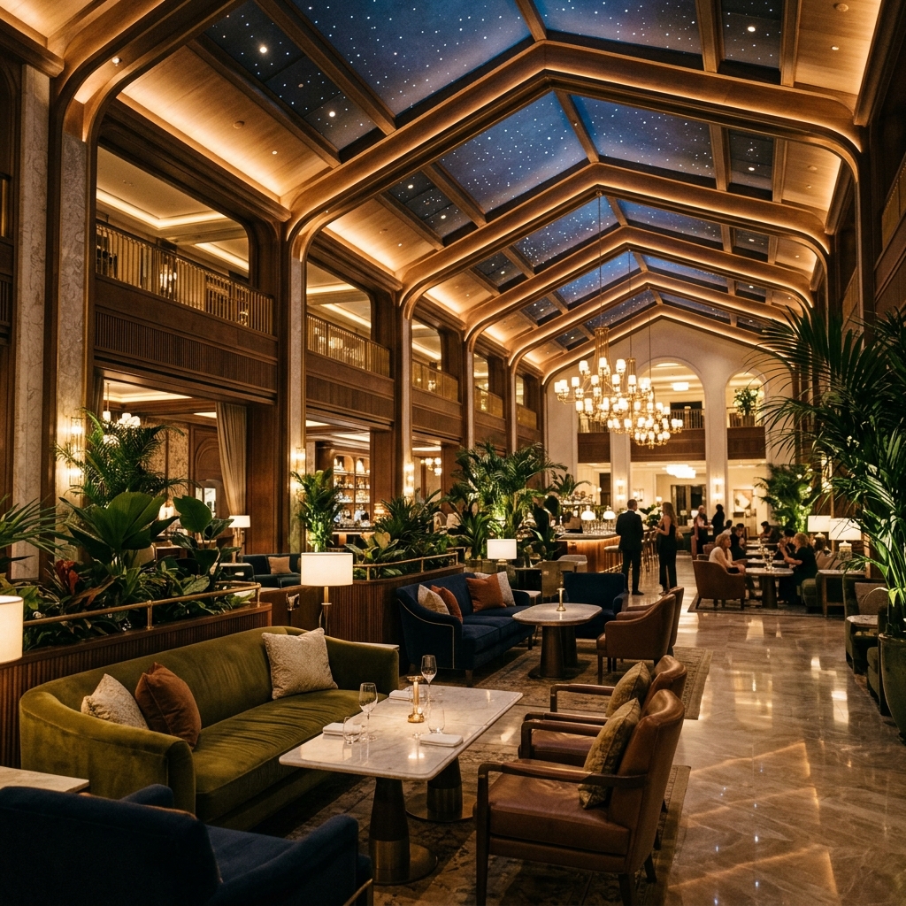Interno elegante e lussuoso della hall di un resort con soffitto alto e aree lounge raffinate. (Immagine generata con IA)