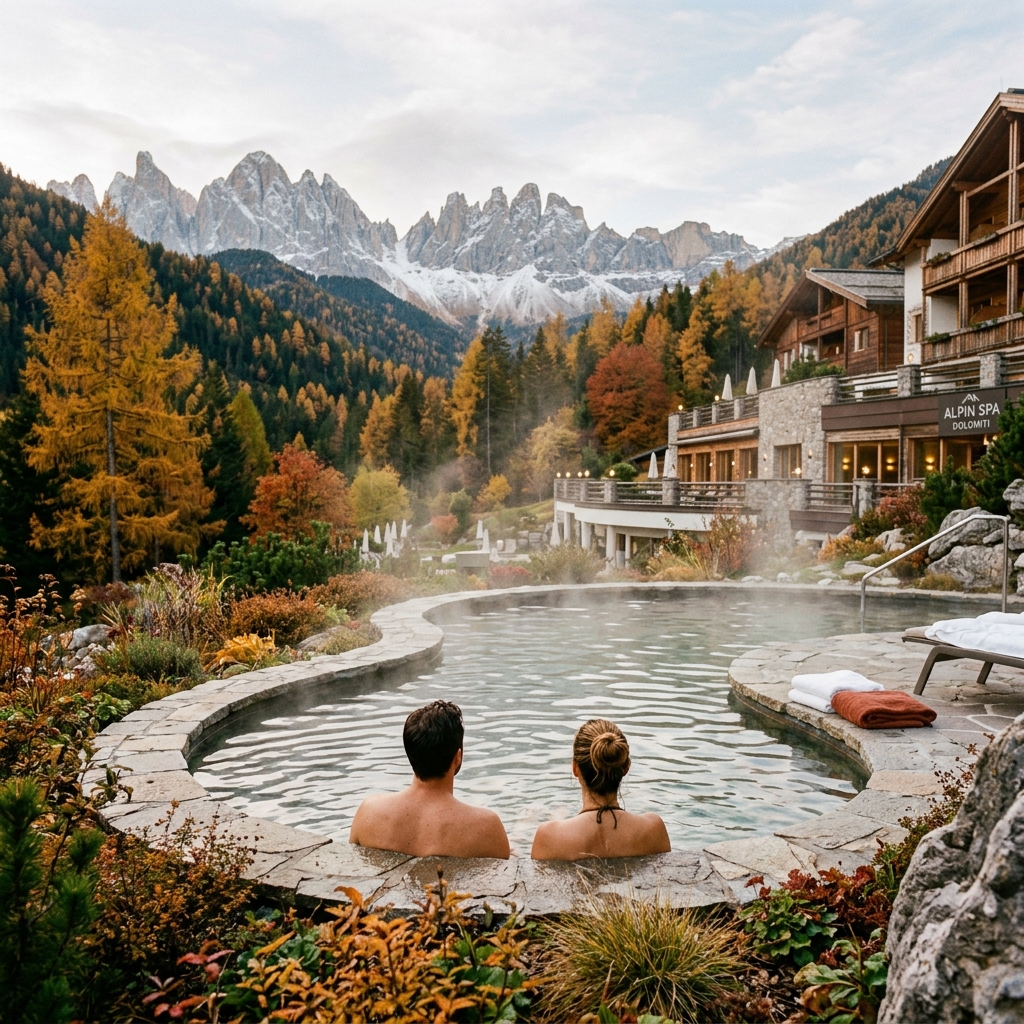 Coppia vista di spalle che si rilassa in una piscina termale esterna di un resort in Alto Adige, circondata da alberi con foliage autunnale e montagne.