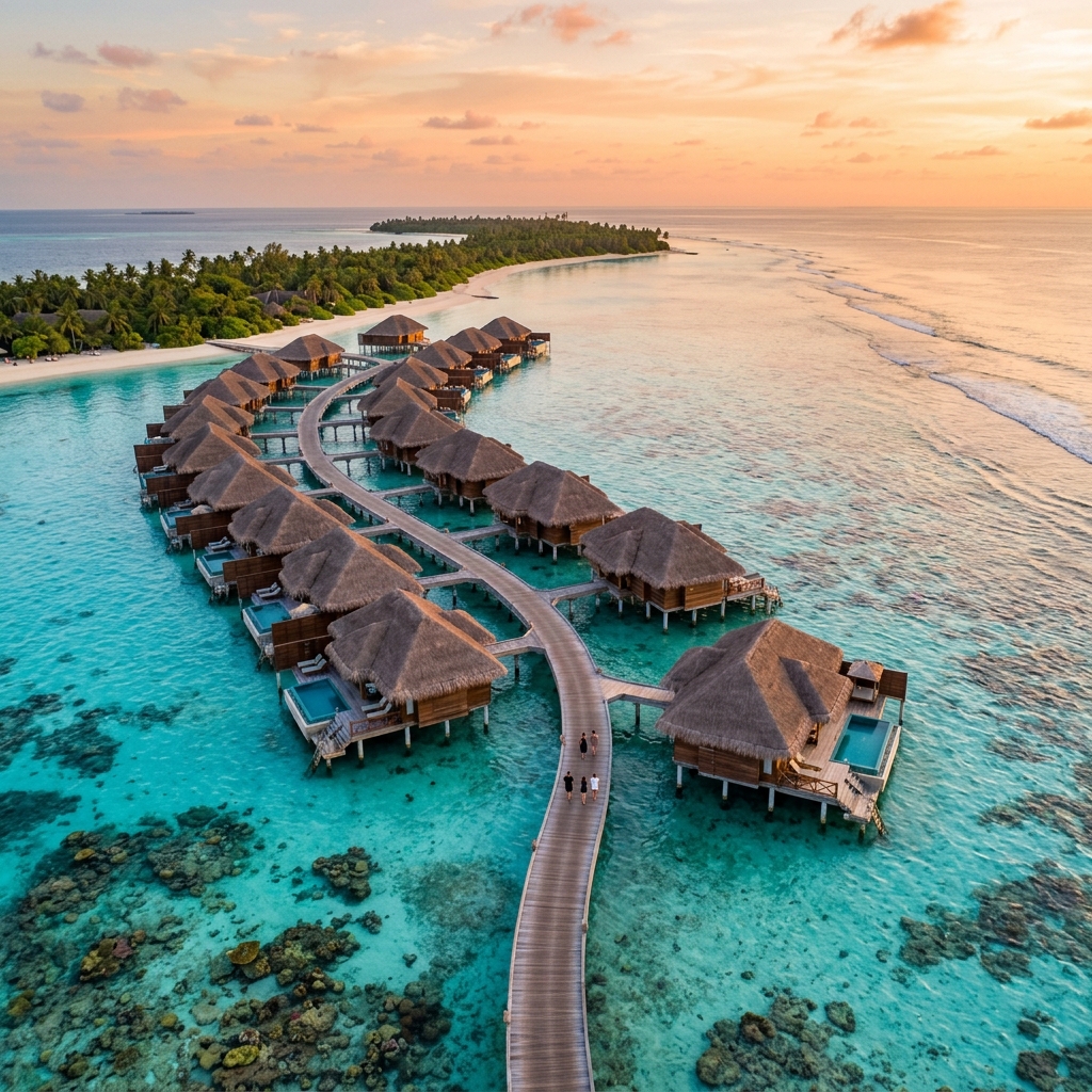 Vista aerea di lussuosi bungalow overwater con tetti di paglia su una laguna turchese alle Maldive al tramonto.