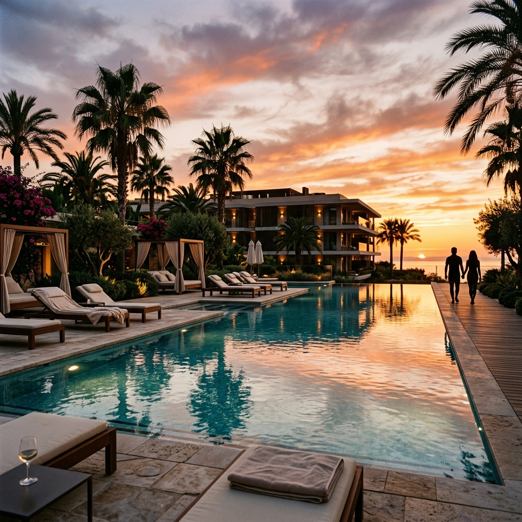 Piscina elegante di un resort a cinque stelle a Playa de Palma, Spagna, con lettini e vegetazione lussureggiante al tramonto.