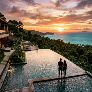 Piscina a sfioro di un resort di lusso a Koh Phangan, con vista sulla giungla e sul mare al tramonto, con una coppia in silhouette.