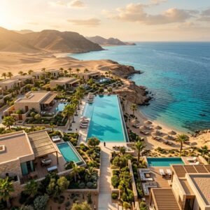 Veduta aerea di un lussuoso resort moderno con piscine a sfioro e architettura elegante, affacciato su acque turchesi e dune desertiche.