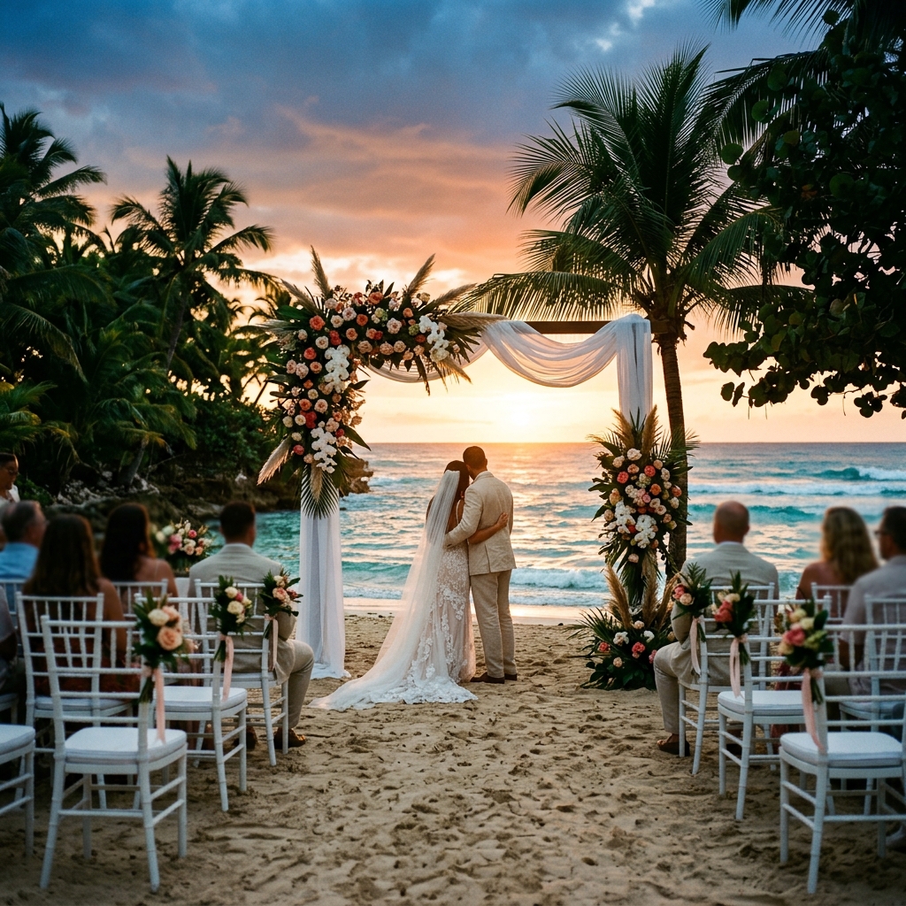 Coppia vista di spalle che si abbraccia in una cerimonia di matrimonio su una spiaggia tropicale al tramonto, con un arco floreale e sedute eleganti.