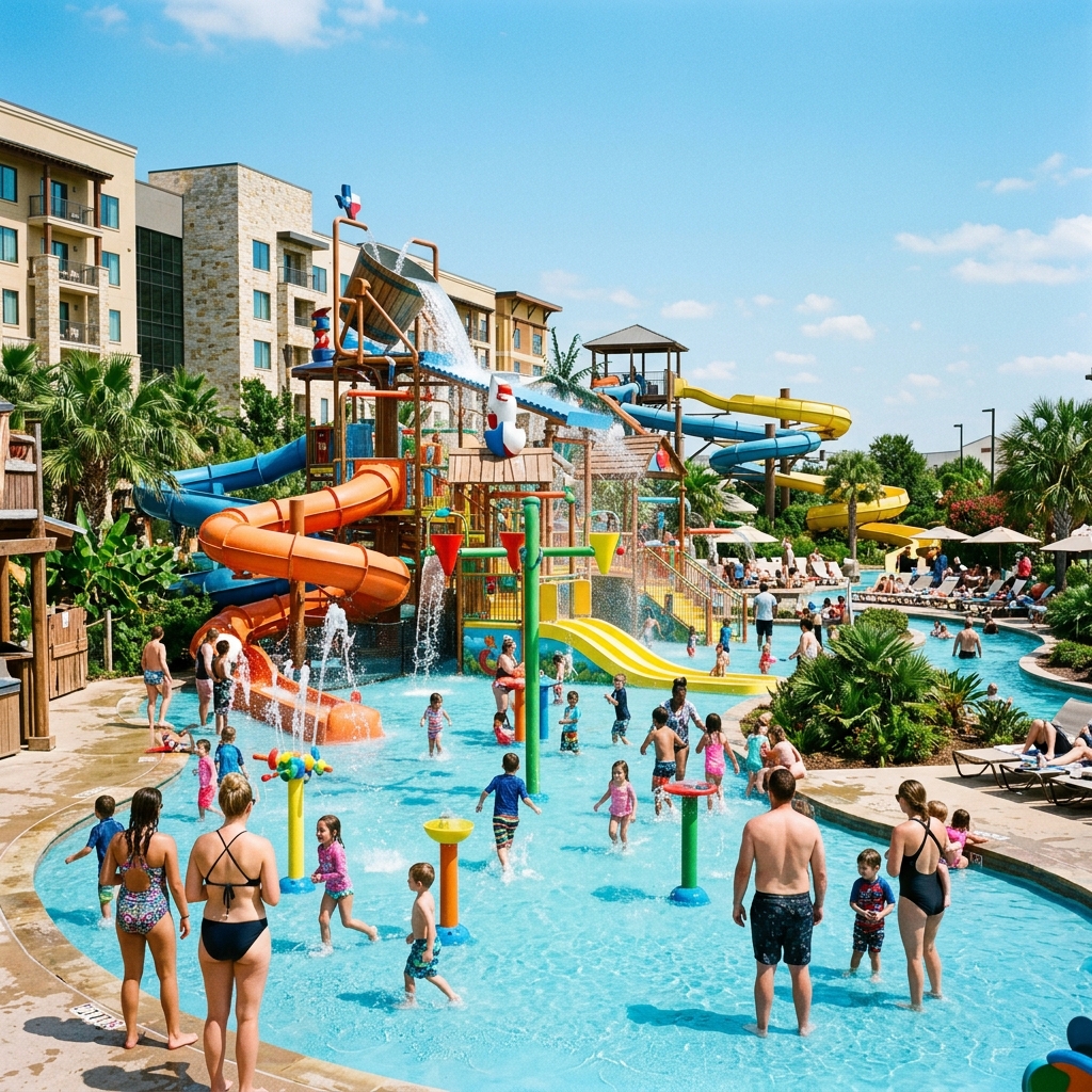 Famiglia vista di spalle mentre si diverte in un colorato parco acquatico a tema all'interno di un resort.