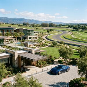 Architettura moderna di un lussuoso resort in California con una pista da corsa sullo sfondo e una vettura sportiva elegante.