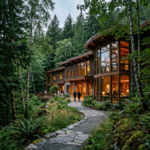 Struttura di un resort immersa in una lussureggiante foresta, con architettura moderna e finestre che riflettono la natura circostante.