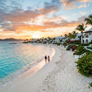 Vista panoramica della spiaggia di sabbia bianca e acque turchesi del lussuoso Aurora Anguilla Resort, con un elegante edificio e una coppia in lontananza.