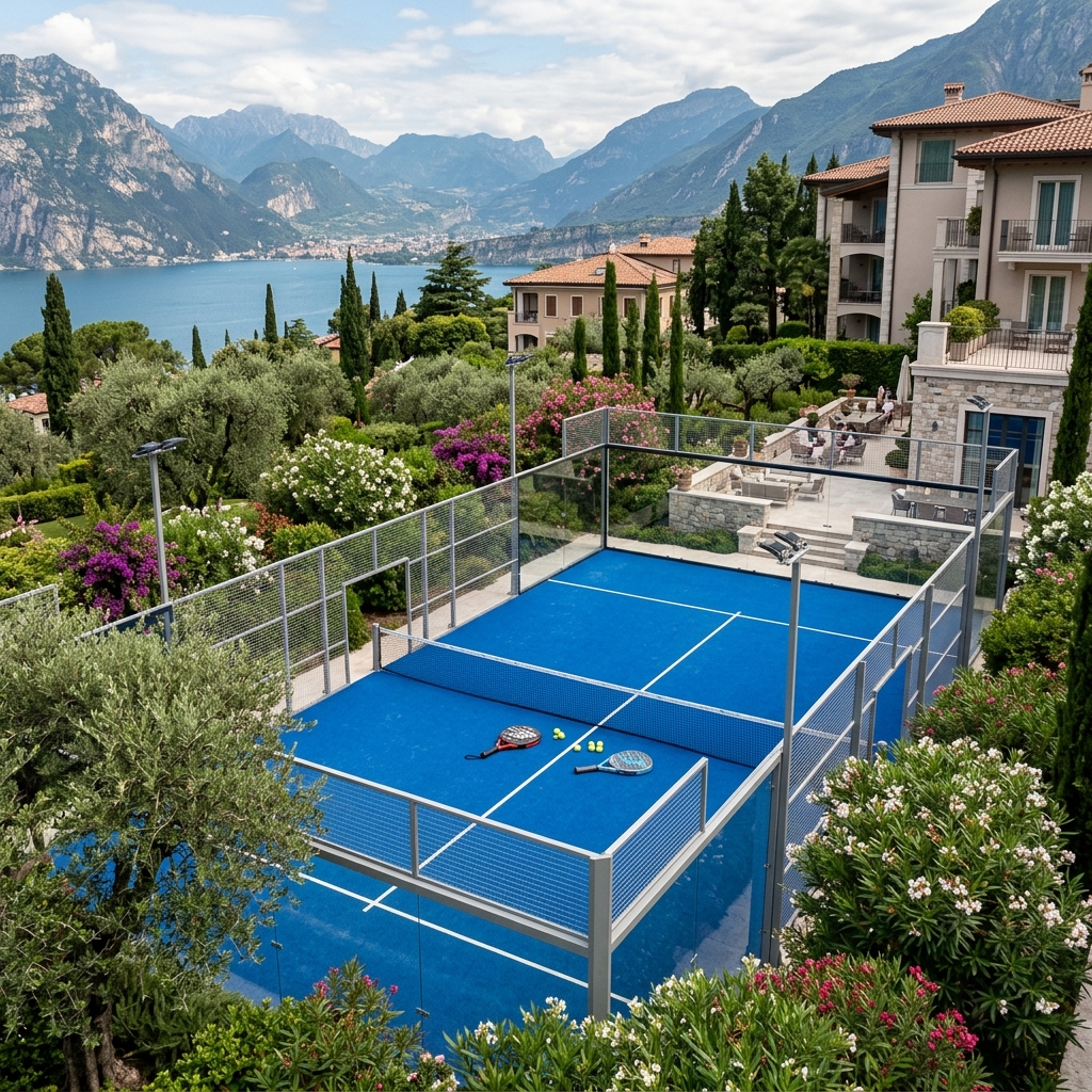 Un moderno campo da padel immerso nei giardini lussureggianti di un resort di lusso a Riva del Garda, Italia.