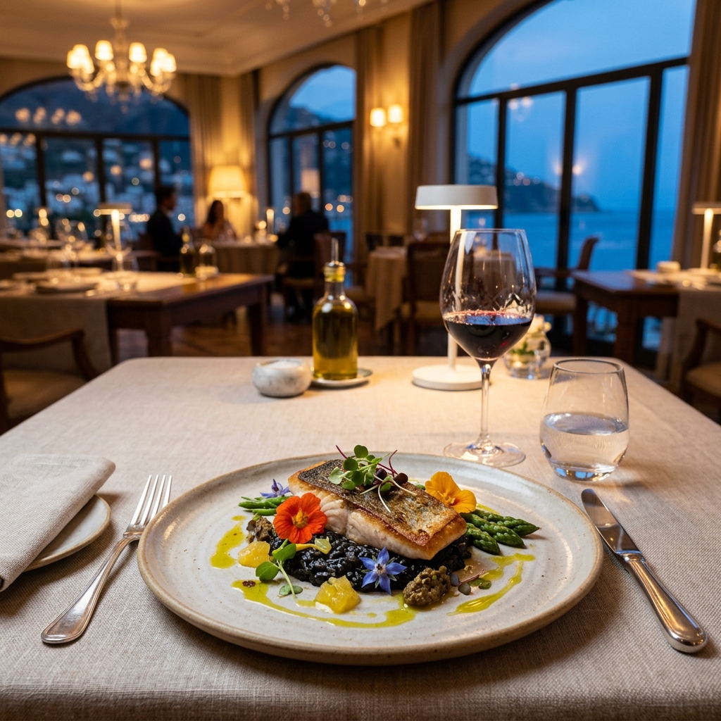 Tavolo elegantemente apparecchiato con un piatto gourmet raffinato all'interno di un lussuoso ristorante stellato in un resort a Massa Lubrense.