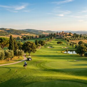 Un lussuoso campo da golf in Maremma, Toscana, con un resort sullo sfondo e un golfista di spalle. (Immagine generata con IA)