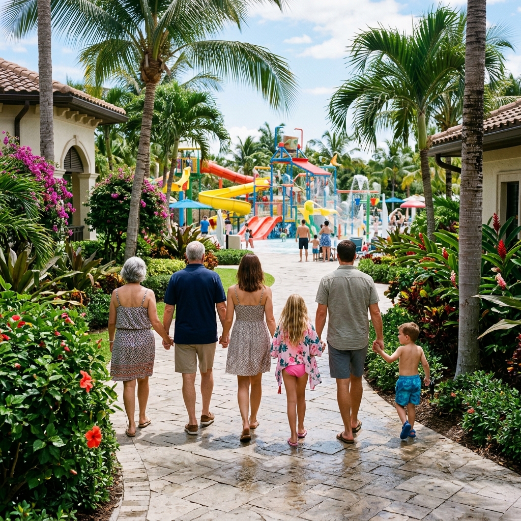 Famiglia multigenerazionale vista di spalle mentre si avvicina a un'area giochi acquatica in un resort.