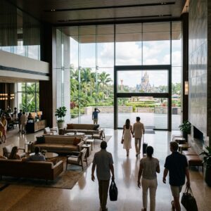 Lobby moderna di un resort lussuoso con ampie vetrate che offrono una vista panoramica e persone di spalle che ammirano l'ambiente. (Immagine generata con IA)