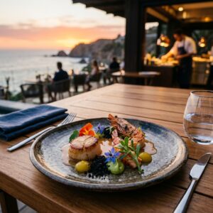 Un piatto gourmet finemente impiattato in un lussuoso ristorante all'aperto di un resort con vista mare al tramonto.
