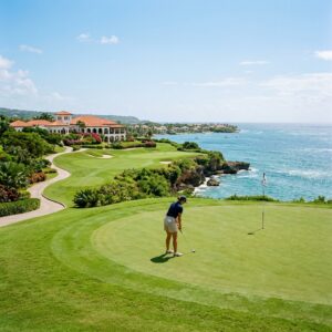 Vista panoramica di un lussureggiante campo da golf in un resort caraibico, con un golfista in lontananza e un elegante clubhouse.