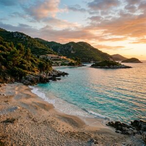 Una spiaggia incontaminata in Albania al tramonto, con acque turchesi e dolci colline sullo sfondo, e un moderno resort di lusso visibile in lontananza.