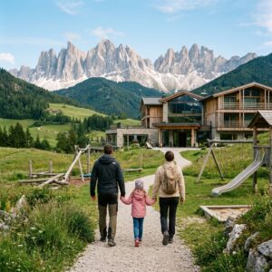 Famiglia vista di spalle che cammina verso un resort moderno tra le montagne delle Dolomiti, con un'area giochi per bambini in primo piano.