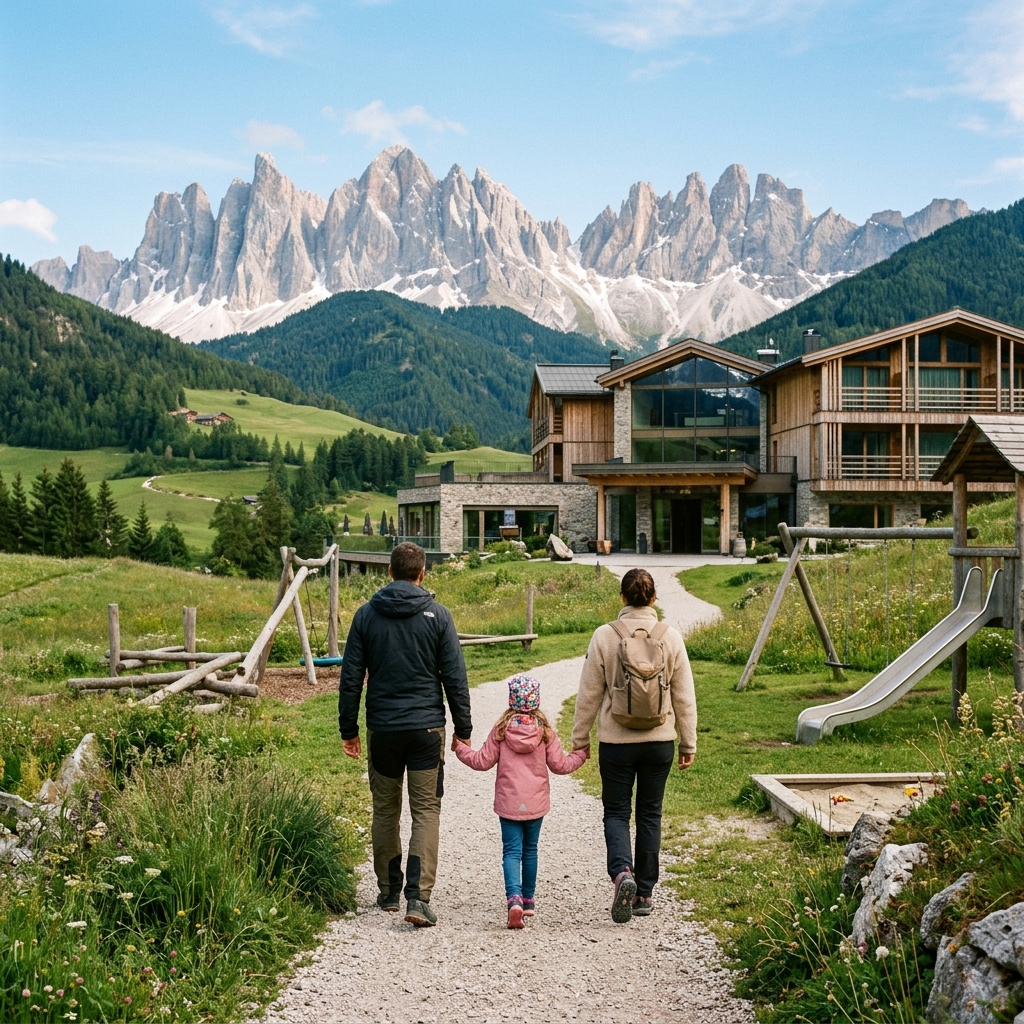 Famiglia vista di spalle che cammina verso un resort moderno tra le montagne delle Dolomiti, con un'area giochi per bambini in primo piano.