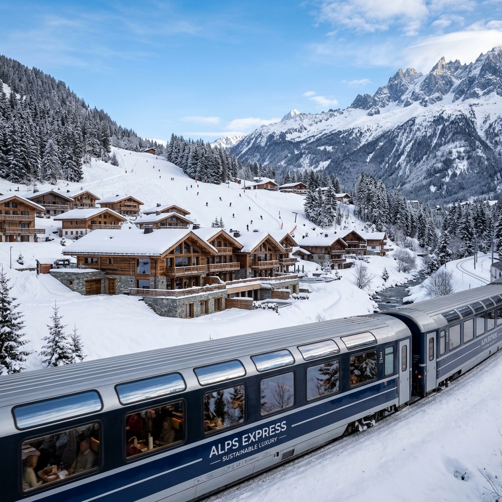 Elegante resort sciistico sostenibile nelle Alpi francesi, con chalet in legno immersi nella neve e un treno notturno moderno che passa sullo sfondo, con figure di sciatori in lontananza.