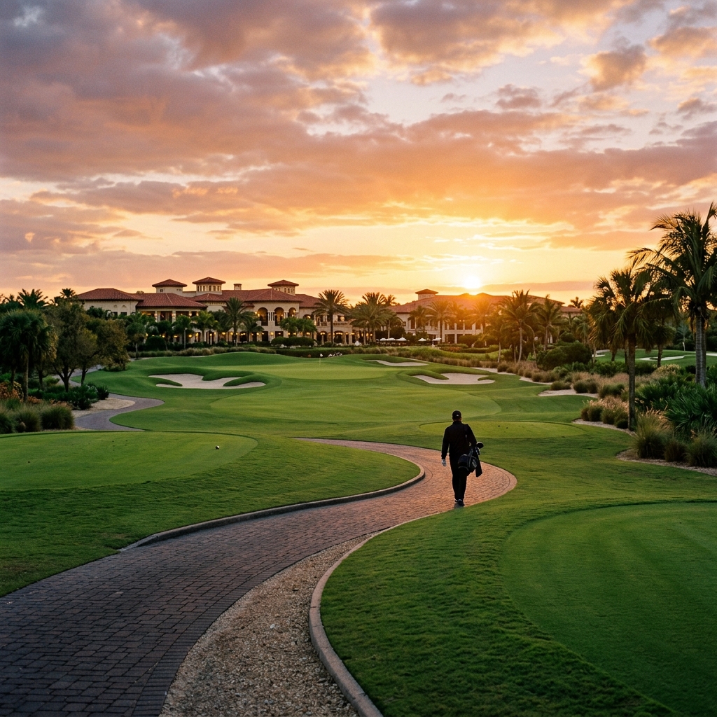 Panoramica aerea di un lussuoso campo da golf con resort sullo sfondo, illuminato dal tramonto, con fairway verdi e architettura elegante. (Immagine generata con IA)