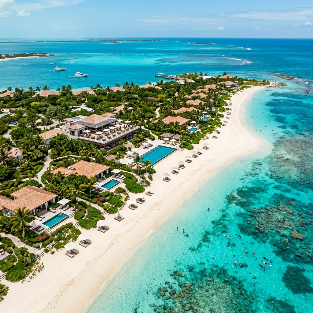 Vista aerea di un lussuoso resort su una spiaggia di Turks e Caicos con ville private, un ristorante panoramico e persone che fanno snorkeling.