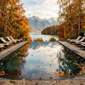 Piscina di un resort di lusso con foglie autunnali e vista panoramica (Immagine generata con IA)