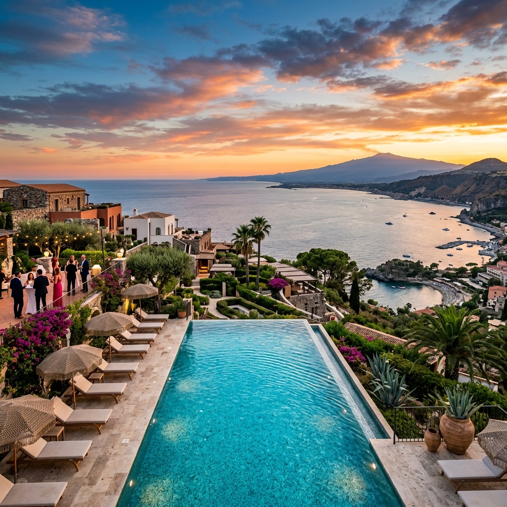 Veduta panoramica di un lussuoso resort in Sicilia con una piscina a sfioro che si affaccia sul mare al tramonto.