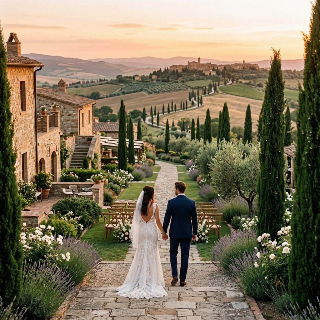 Coppia in abiti da sposi vista di spalle che passeggia tra i giardini di un lussuoso resort in Val d'Orcia, con le colline toscane sullo sfondo al tramonto.