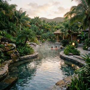 Coppia vista di spalle che si rilassa in una piscina termale all'aperto di un resort adults-only, circondata da palme lussureggianti.