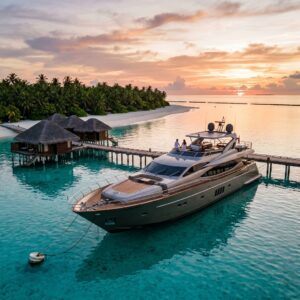 Lussuoso yacht ormeggiato vicino a un resort di overwater bungalow alle Maldive, con acqua cristallina e una coppia di spalle sul ponte al tramonto.