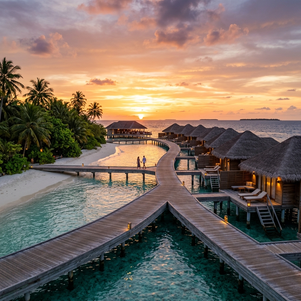 Viste aeree di lussuosi bungalow sull'acqua in un resort alle Maldive al tramonto, con un pontile che si estende sull'acqua cristallina. (Immagine generata con IA)
