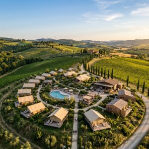 Vista aerea di un villaggio turistico moderno o un glamping immerso nelle colline toscane, con vigneti e cipressi sullo sfondo. (Immagine generata con IA)