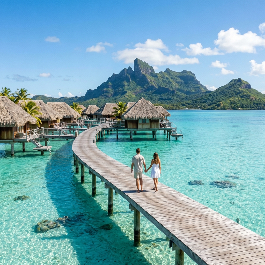 Bungalow overwater di lusso sul mare turchese di Bora Bora con montagne verdi sullo sfondo (Immagine generata con IA)