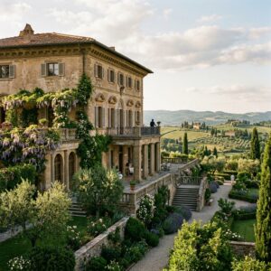 Facciata di un lussuoso palazzo storico italiano trasformato in resort, con giardini curati e architettura classica.