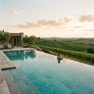 Piscina a sfioro di un resort di lusso con vista panoramica su vigneti e colline in Piemonte, con una persona che si rilassa in acqua vista di spalle. (Immagine generata con IA)