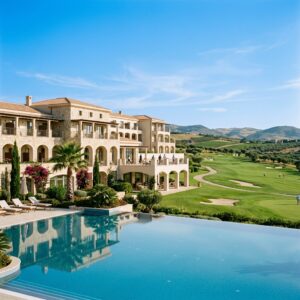 Elegante edificio di un resort di golf in Sicilia, con architettura moderna, circondato da campi da golf verdi e una piscina che riflette il cielo.