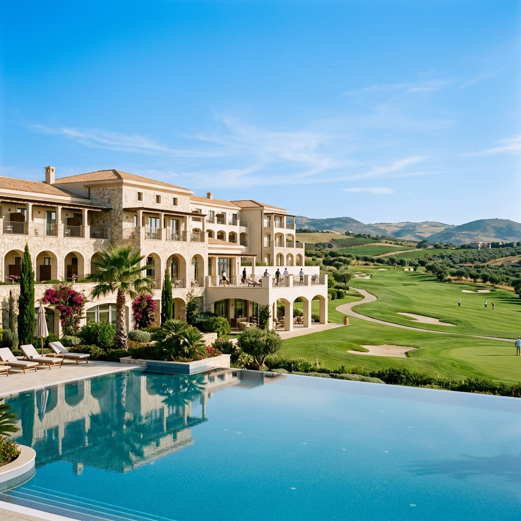 Elegante edificio di un resort di golf in Sicilia, con architettura moderna, circondato da campi da golf verdi e una piscina che riflette il cielo.
