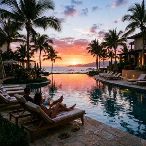 Una lussuosa piscina di un resort all-inclusive al tramonto, con palme e sedie a sdraio, e una coppia in lontananza che ammira il panorama.