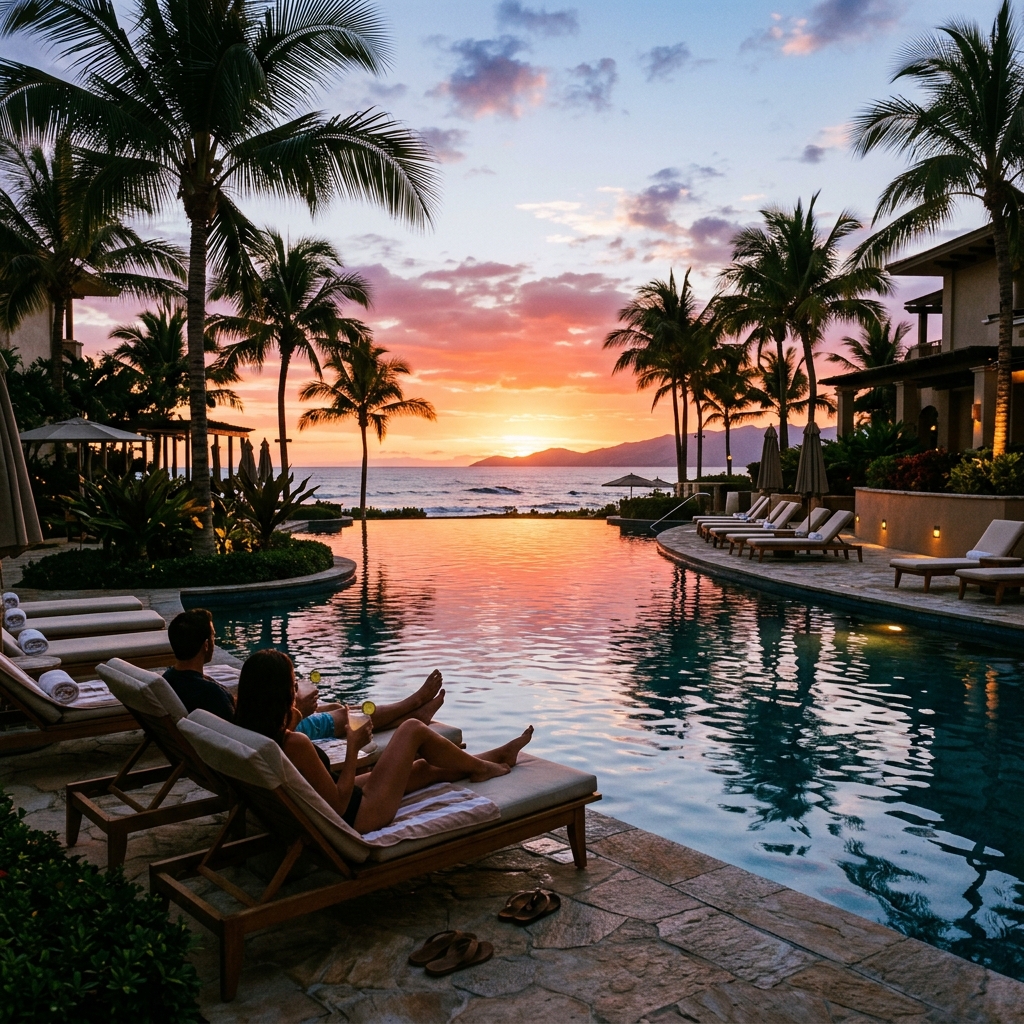 Una lussuosa piscina di un resort all-inclusive al tramonto, con palme e sedie a sdraio, e una coppia in lontananza che ammira il panorama.