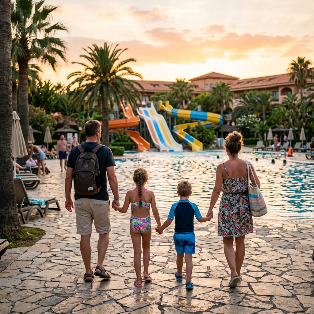 Famiglia vista di spalle che si dirige verso una piscina con scivoli in un resort all-inclusive.