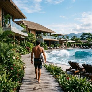 Vista di un lussuoso surf resort con piscina a onde artificiali, un surfista di spalle e palme tropicali.
