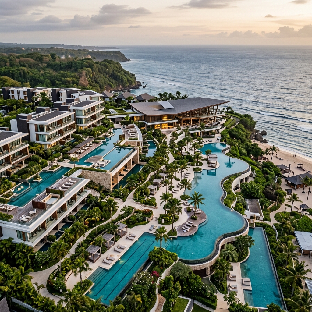 Vista aerea di un lussuoso resort moderno con piscine, giardini tropicali e architettura elegante, che si estende verso il mare.