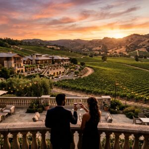 Resort di lusso a Napa Valley con vigneti e una coppia che brinda al tramonto su una terrazza.