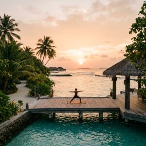 Un'isola benessere di lusso alle Maldive con vegetazione tropicale, acqua turchese e padiglioni per trattamenti, con una persona che pratica yoga all'alba vista di spalle. (Immagine generata con IA)