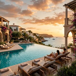 Piscina a sfioro di un lussuoso resort a Ibiza con architettura che richiama il design italiano, vista sul mare al tramonto.