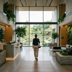 Lobby di un resort moderno e sostenibile con design minimalista, piante verdi e ampie finestre.