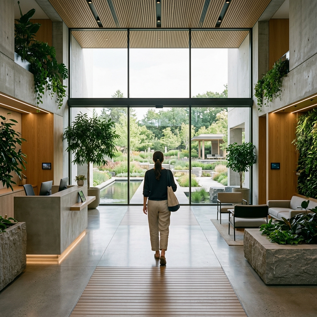 Lobby di un resort moderno e sostenibile con design minimalista, piante verdi e ampie finestre.