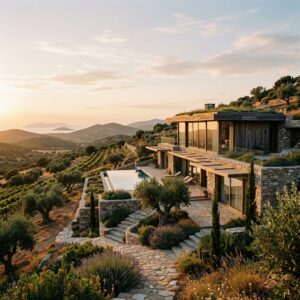 Un resort di lusso eco-sostenibile dal design moderno integrato in un paesaggio rurale greco al tramonto, con finestre ampie e materiali naturali.