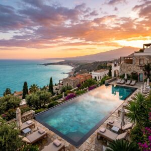 Piscina a sfioro di un lussuoso resort a Taormina con vista sul Mar Ionio al tramonto. (Immagine generata con IA)