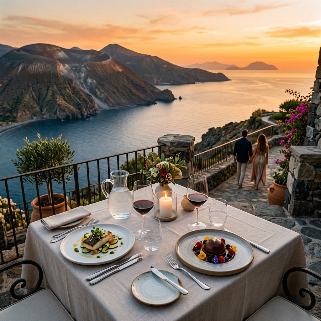 Elegante tavolo da pranzo all'aperto su una terrazza con vista mare sull'Isola di Vulcano al tramonto, con piatti gourmet e dolci personalizzati. Sullo sfondo, il paesaggio vulcanico avvolto dai colori del crepuscolo.