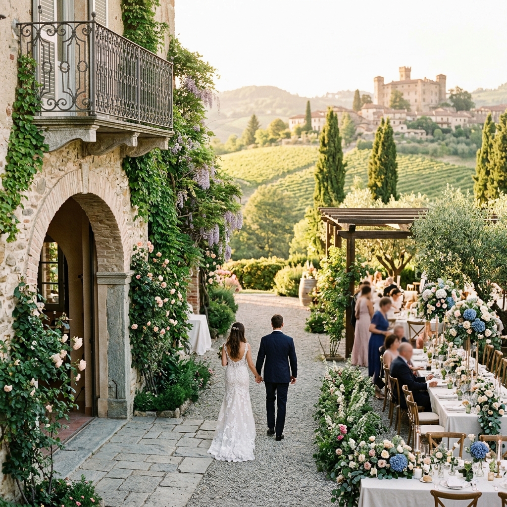 Coppia vista di spalle che cammina verso un allestimento nuziale esterno in un lussuoso resort a Gavi, Italia, con vigneti sullo sfondo.
